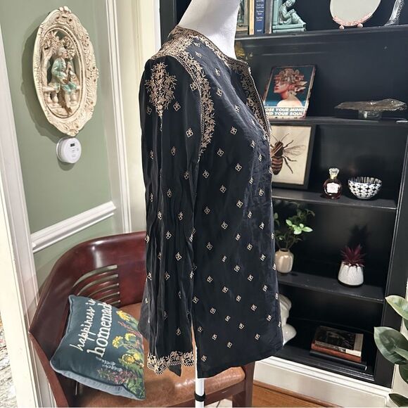 Neiman Marcus Silk Black and Tan Embroidered Tunic Top Size M - Picture 5 of 10